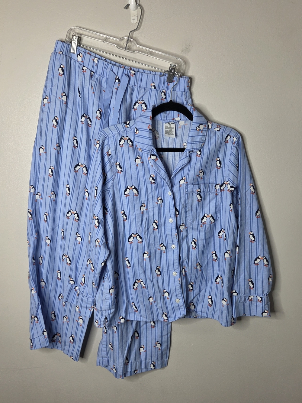 Lands End Women's Light Blue Penguin Print Flannel Pajama Pant Set